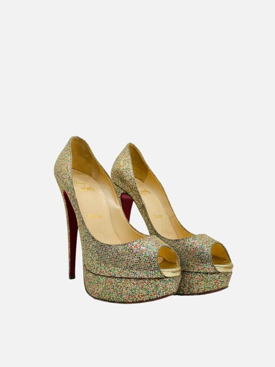 Pre - loved CHRISTIAN LOUBOUTIN Lady Peep Gold Multicolor Pumps at Reems Closet