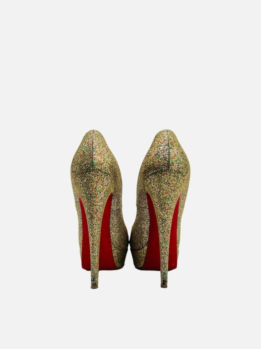 Pre - loved CHRISTIAN LOUBOUTIN Lady Peep Gold Multicolor Pumps at Reems Closet