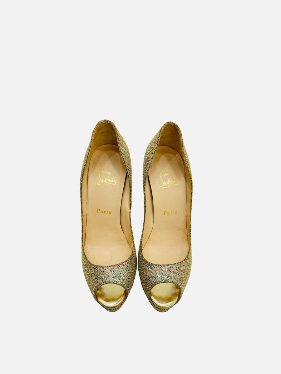 Pre - loved CHRISTIAN LOUBOUTIN Lady Peep Gold Multicolor Pumps at Reems Closet