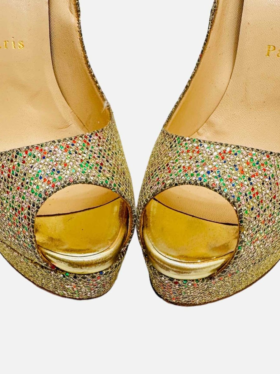 Pre - loved CHRISTIAN LOUBOUTIN Lady Peep Gold Multicolor Pumps at Reems Closet