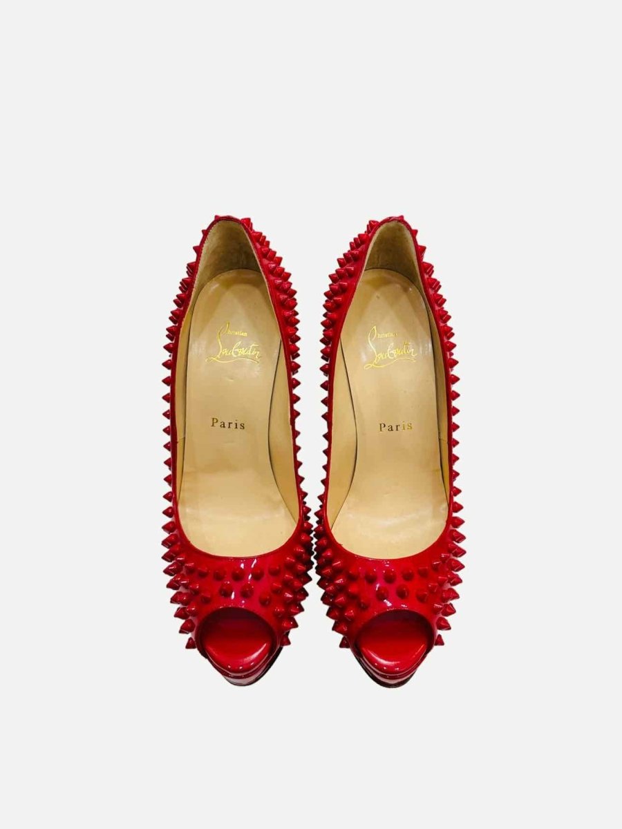 Pre - loved CHRISTIAN LOUBOUTIN Lady Peep Red Spike Pumps at Reems Closet