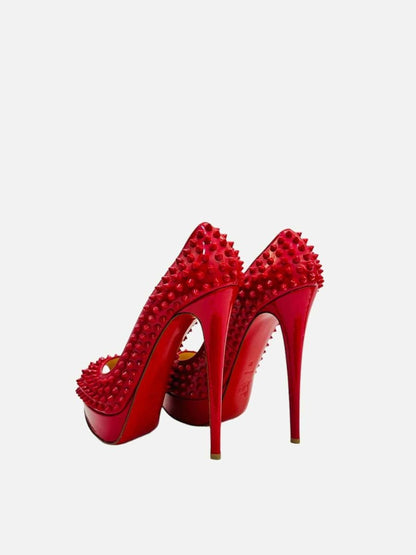 Pre - loved CHRISTIAN LOUBOUTIN Lady Peep Red Spike Pumps at Reems Closet