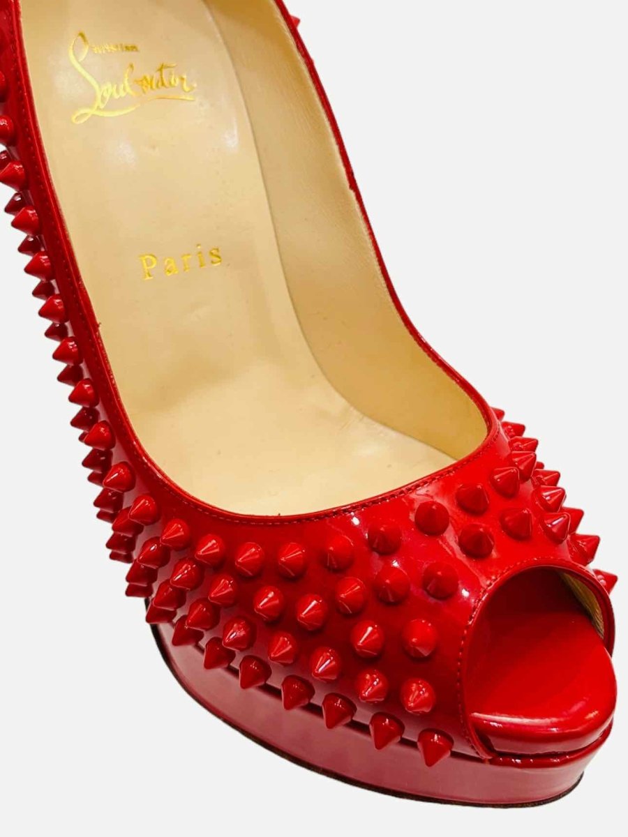 Pre - loved CHRISTIAN LOUBOUTIN Lady Peep Red Spike Pumps at Reems Closet