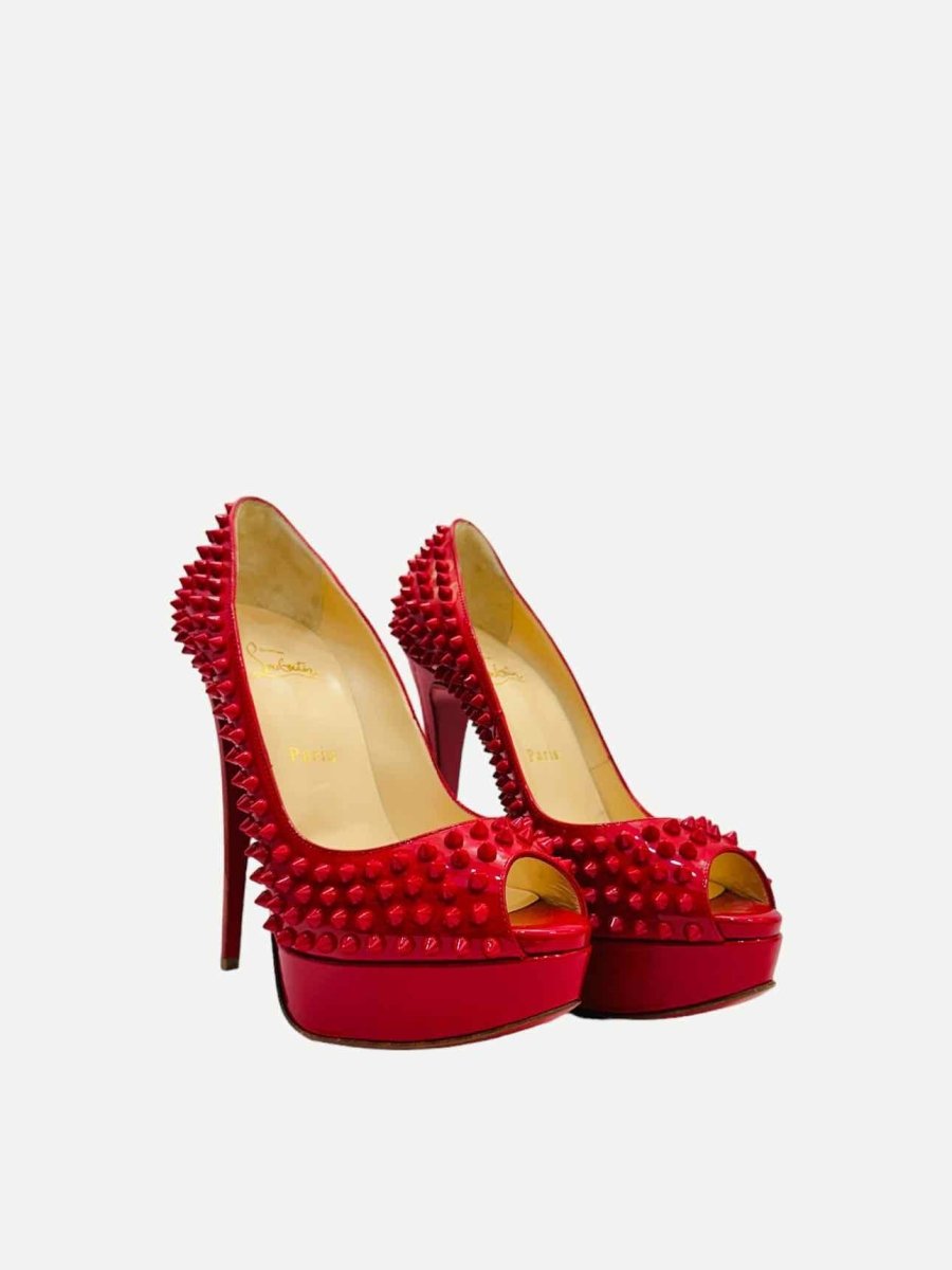 Pre - loved CHRISTIAN LOUBOUTIN Lady Peep Red Spike Pumps at Reems Closet