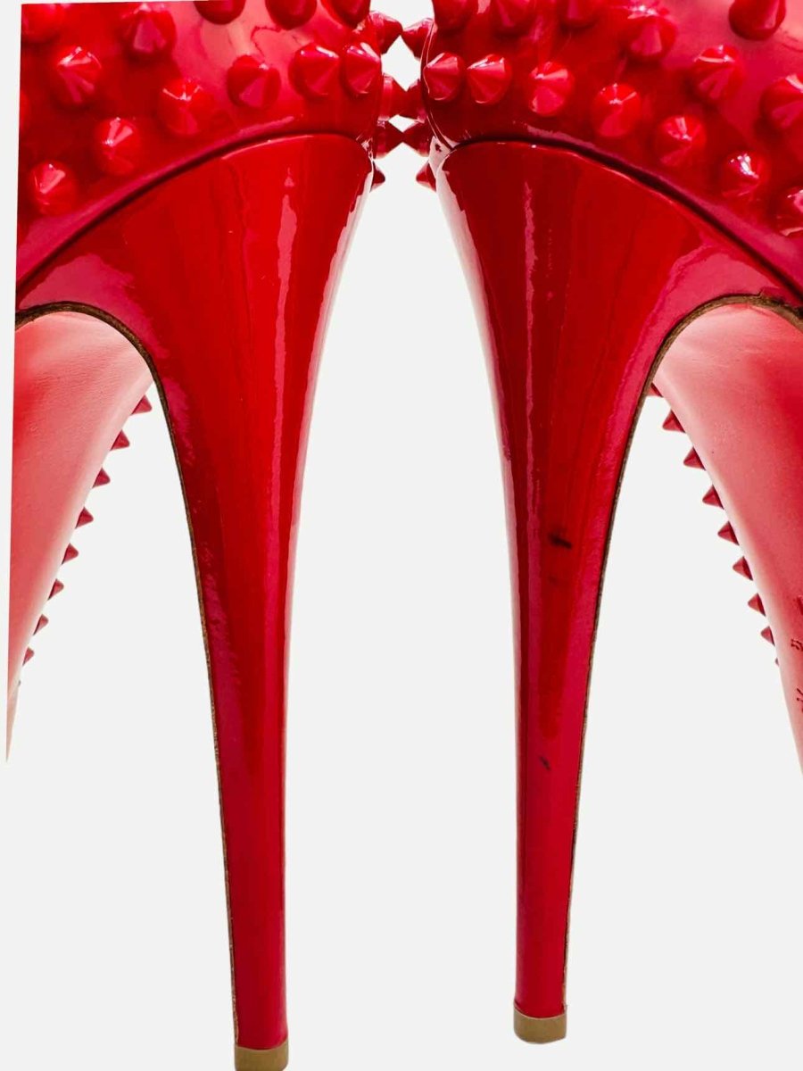 Pre - loved CHRISTIAN LOUBOUTIN Lady Peep Red Spike Pumps at Reems Closet