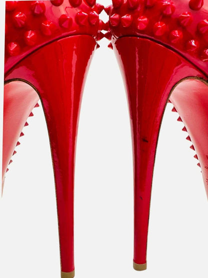 Pre - loved CHRISTIAN LOUBOUTIN Lady Peep Red Spike Pumps at Reems Closet