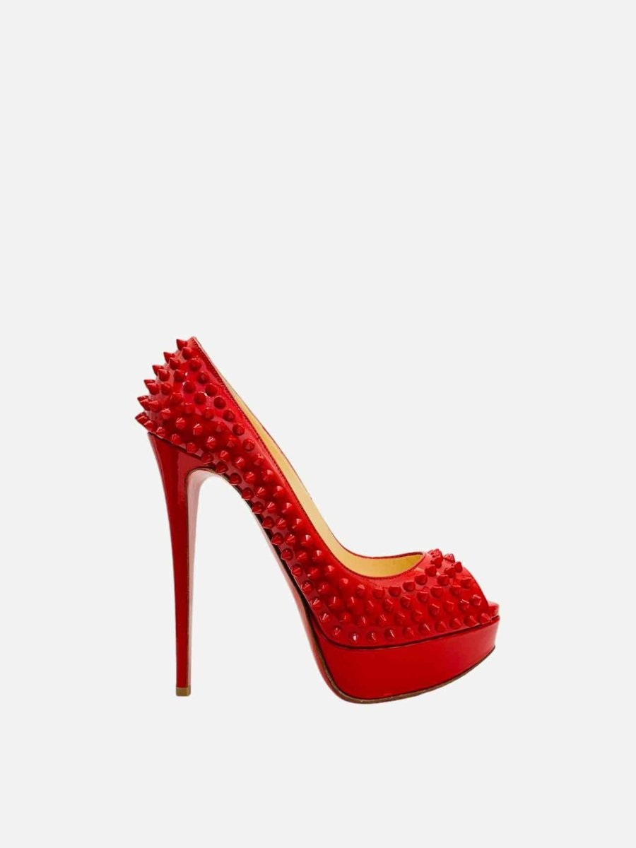 Pre - loved CHRISTIAN LOUBOUTIN Lady Peep Red Spike Pumps at Reems Closet