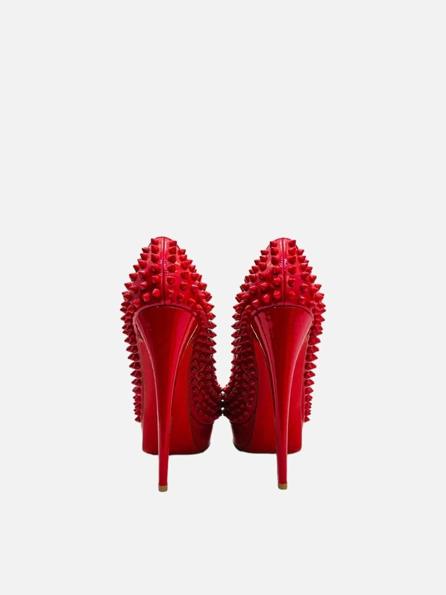 Pre - loved CHRISTIAN LOUBOUTIN Lady Peep Red Spike Pumps at Reems Closet