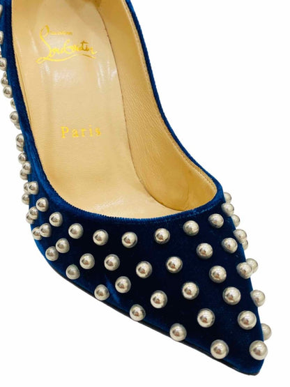 Pre - loved CHRISTIAN LOUBOUTIN Navy Blue Studded Pumps at Reems Closet