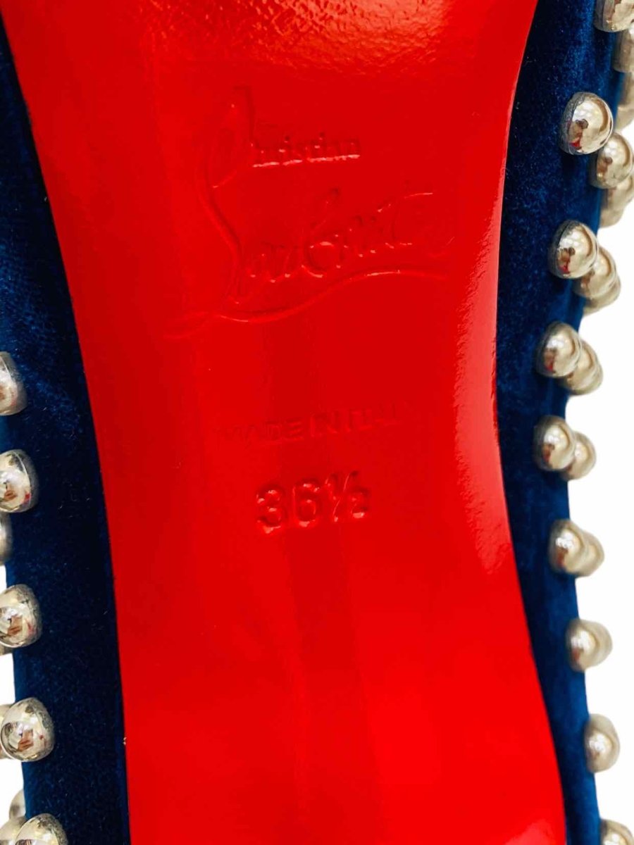 Pre - loved CHRISTIAN LOUBOUTIN Navy Blue Studded Pumps at Reems Closet