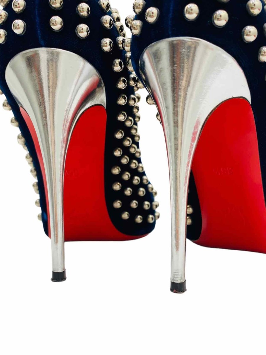 Pre - loved CHRISTIAN LOUBOUTIN Navy Blue Studded Pumps at Reems Closet