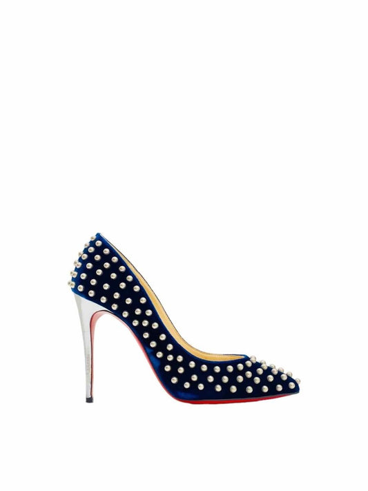 Pre - loved CHRISTIAN LOUBOUTIN Navy Blue Studded Pumps at Reems Closet