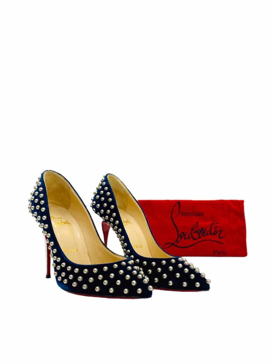 Pre - loved CHRISTIAN LOUBOUTIN Navy Blue Studded Pumps at Reems Closet