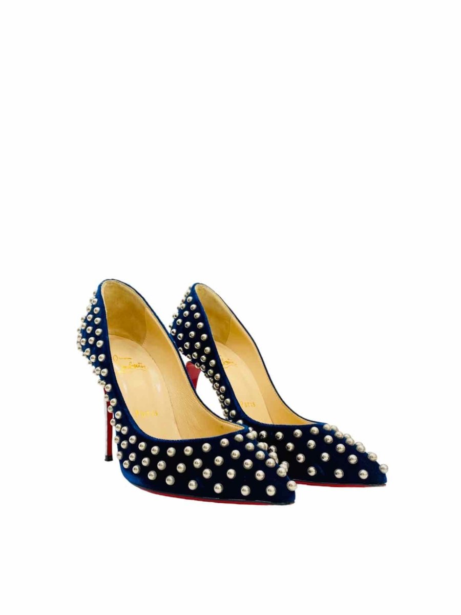 Pre - loved CHRISTIAN LOUBOUTIN Navy Blue Studded Pumps at Reems Closet