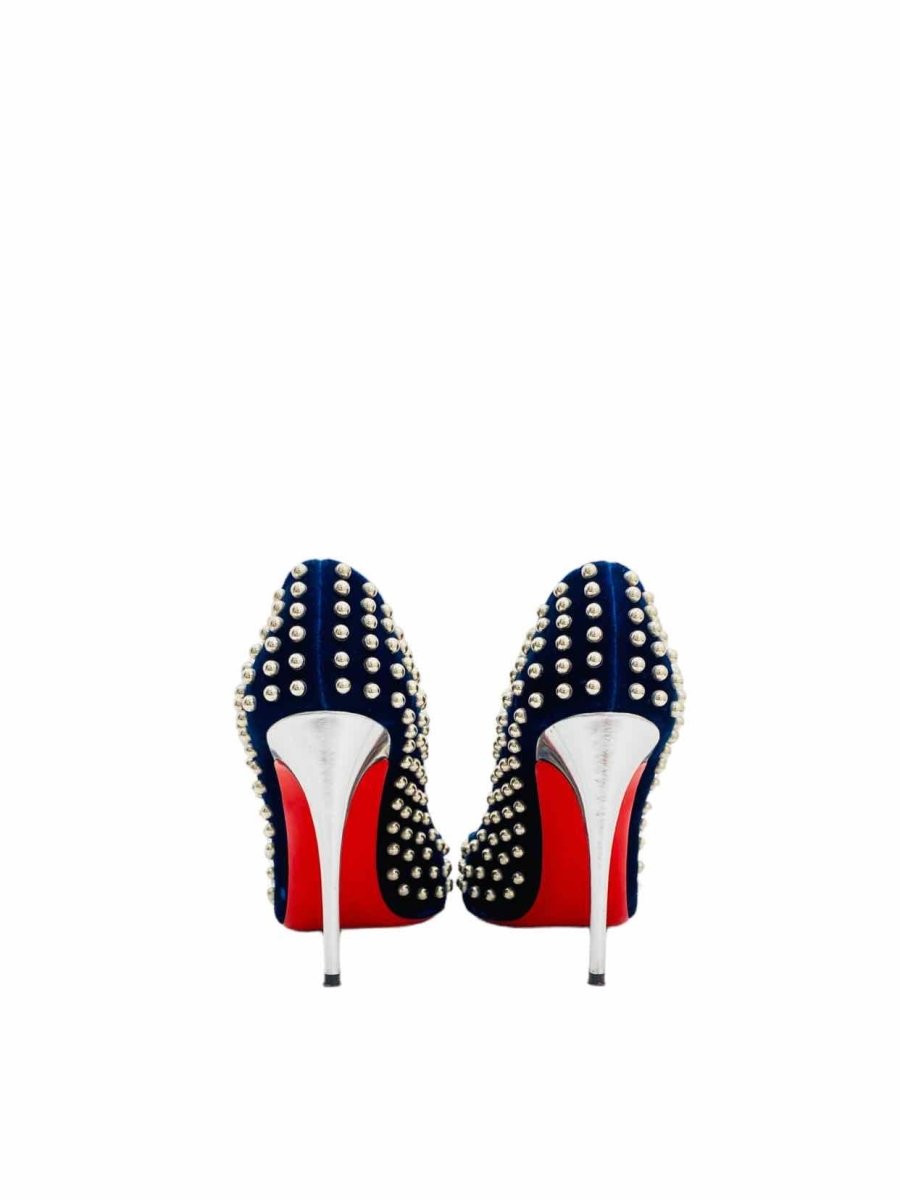 Pre - loved CHRISTIAN LOUBOUTIN Navy Blue Studded Pumps at Reems Closet