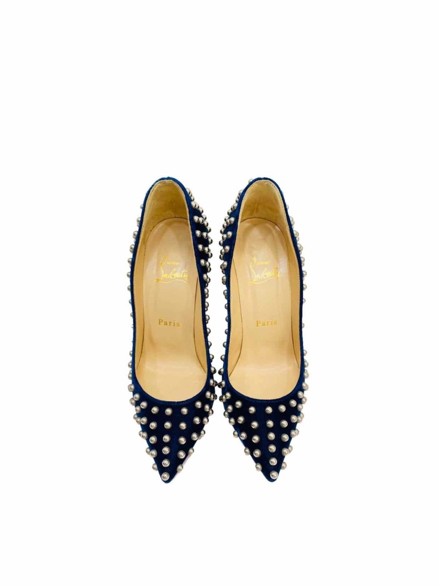 Pre - loved CHRISTIAN LOUBOUTIN Navy Blue Studded Pumps at Reems Closet