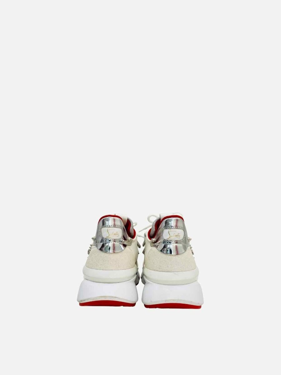 Pre - loved CHRISTIAN LOUBOUTIN Red Runner White Glitter Sneakers at Reems Closet