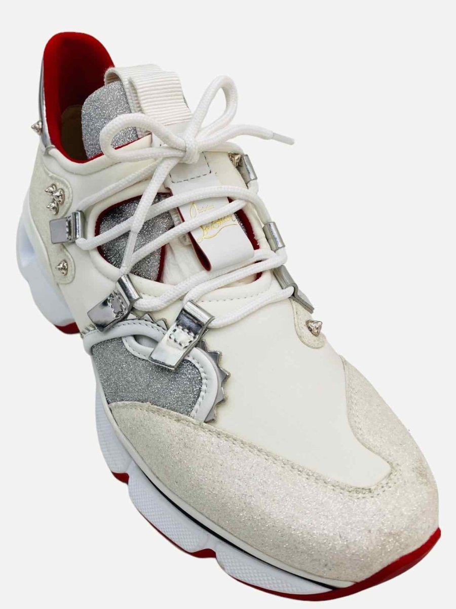 Pre - loved CHRISTIAN LOUBOUTIN Red Runner White Glitter Sneakers at Reems Closet