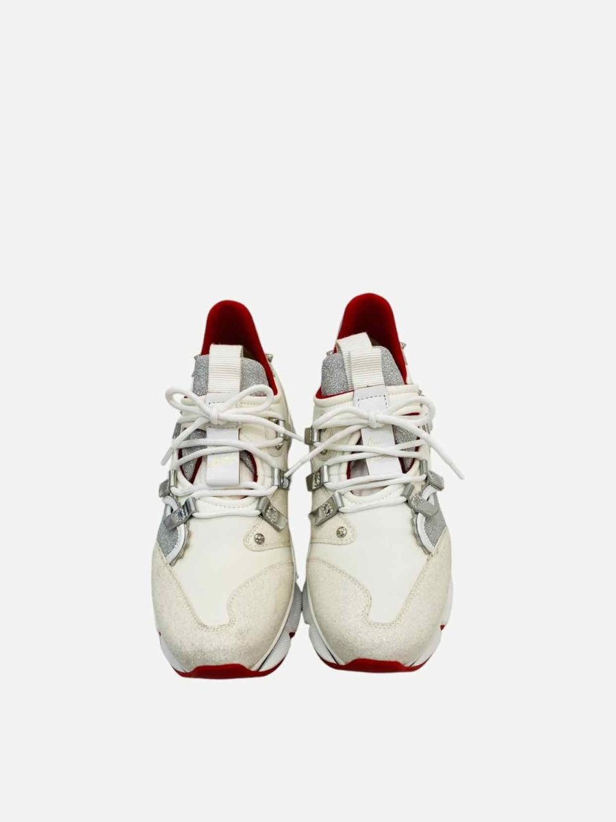 Pre - loved CHRISTIAN LOUBOUTIN Red Runner White Glitter Sneakers at Reems Closet