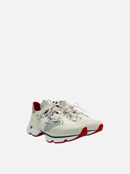 Pre - loved CHRISTIAN LOUBOUTIN Red Runner White Glitter Sneakers at Reems Closet