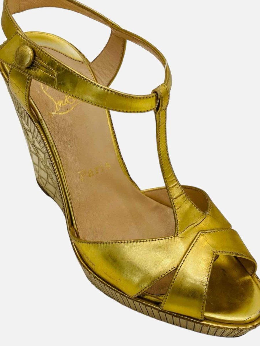 Pre - loved CHRISTIAN LOUBOUTIN T - strap Gold Wedges at Reems Closet