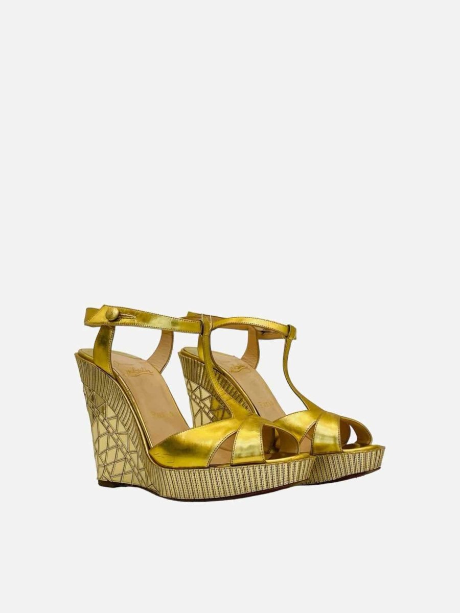 Pre - loved CHRISTIAN LOUBOUTIN T - strap Gold Wedges at Reems Closet