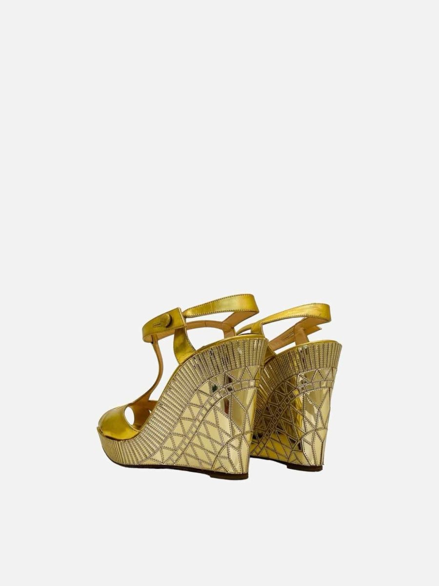 Pre - loved CHRISTIAN LOUBOUTIN T - strap Gold Wedges at Reems Closet