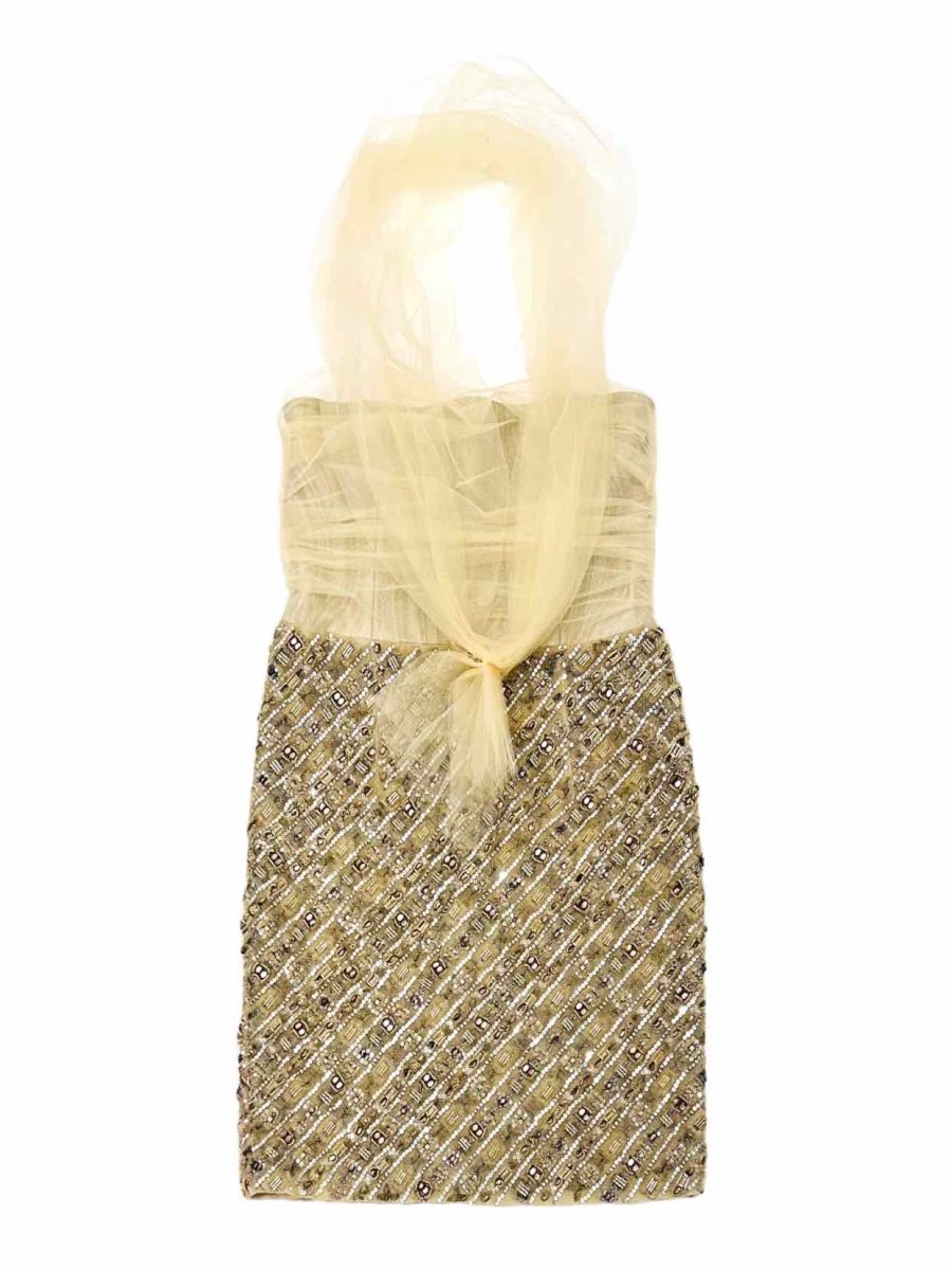 Pre - loved CHRISTIAN SIRIANO Tube Gold Size Large Short Dress at Reems Closet