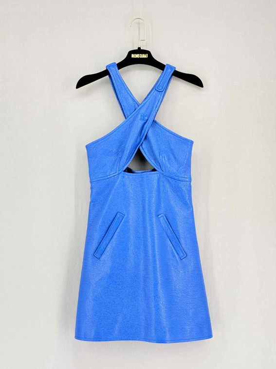 Pre-loved COURREGES Crisscross Cutout Vinyl Blue Short Dress at Reems Closet