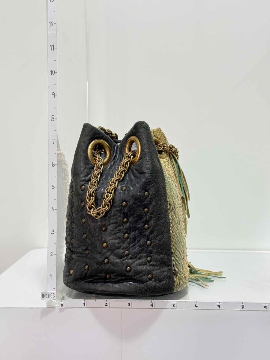 Pre - loved DELPHINE DELAFON Green & Beige Tassle Bucket Bag at Reems Closet