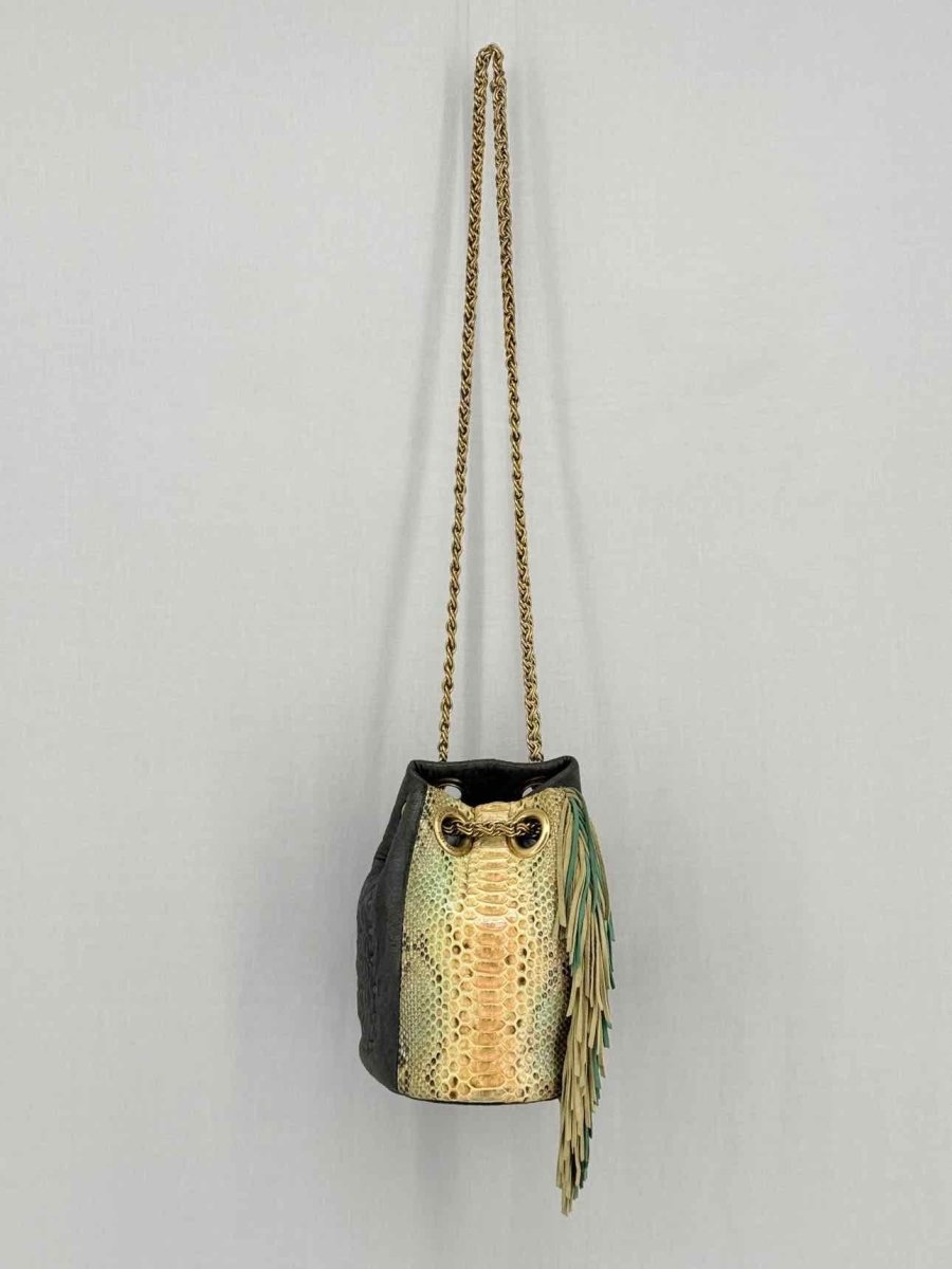 Pre - loved DELPHINE DELAFON Green & Beige Tassle Bucket Bag at Reems Closet