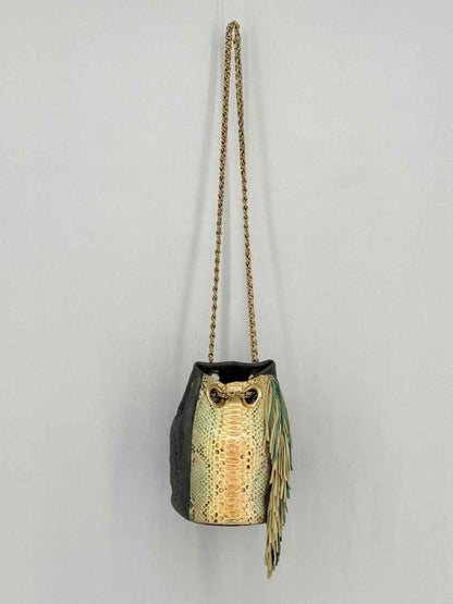Pre - loved DELPHINE DELAFON Green & Beige Tassle Bucket Bag at Reems Closet