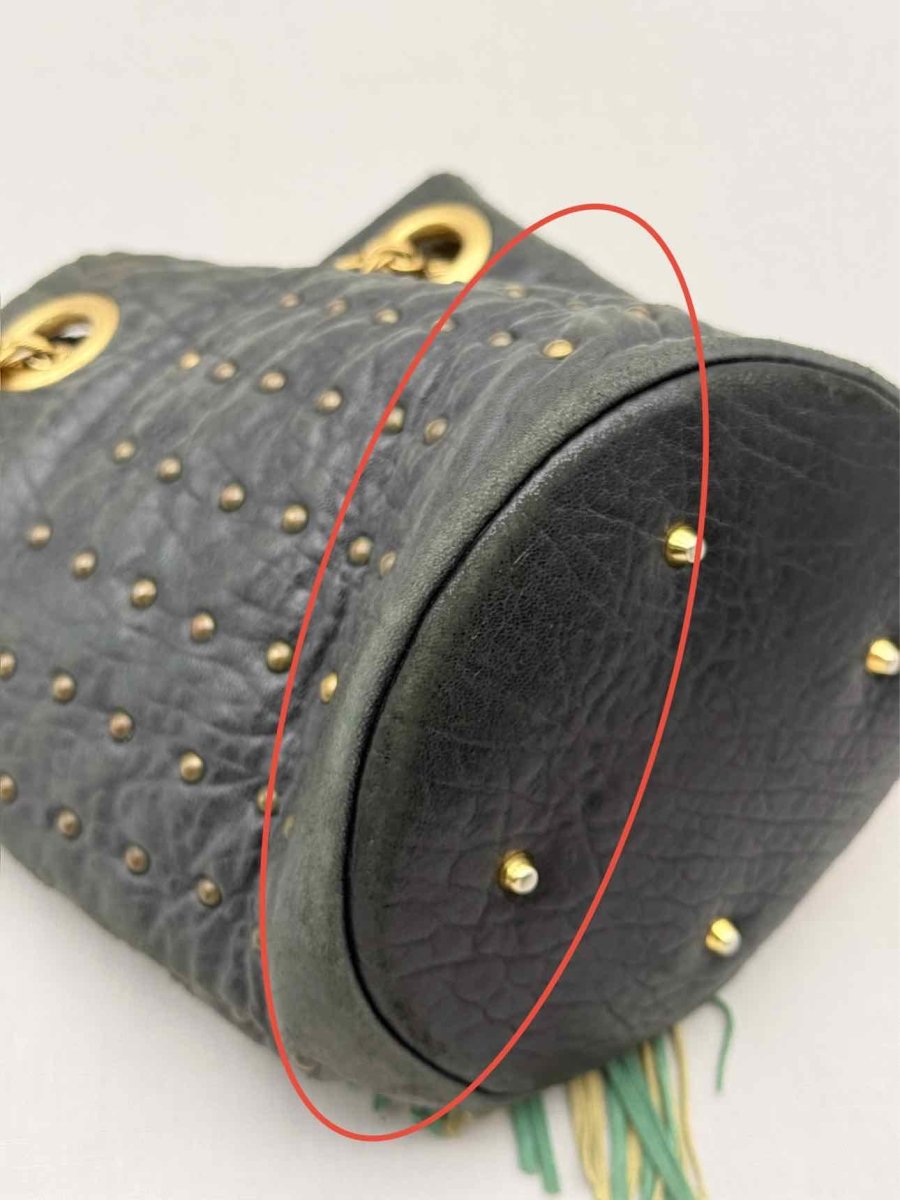 Pre - loved DELPHINE DELAFON Green & Beige Tassle Bucket Bag at Reems Closet