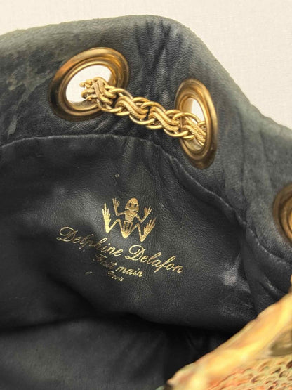 Pre - loved DELPHINE DELAFON Green & Beige Tassle Bucket Bag at Reems Closet