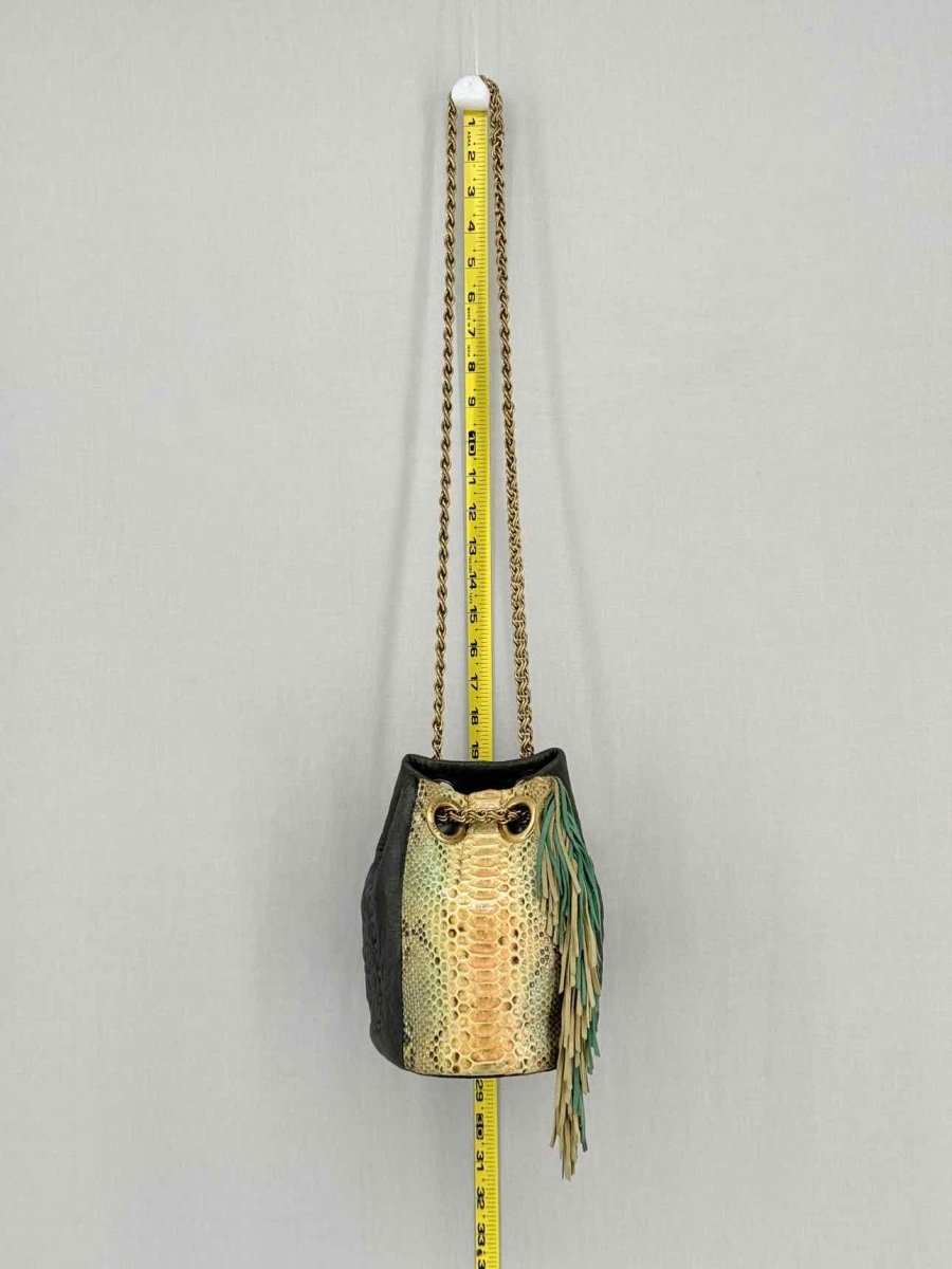 Pre - loved DELPHINE DELAFON Green & Beige Tassle Bucket Bag at Reems Closet