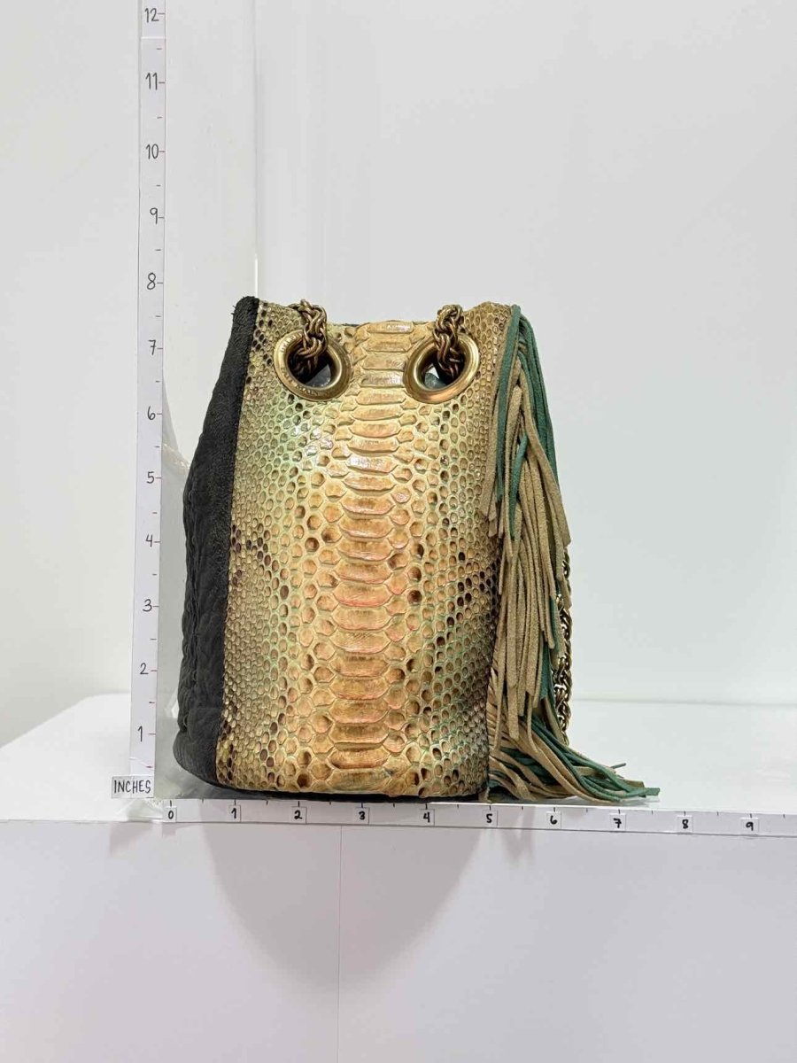 Pre - loved DELPHINE DELAFON Green & Beige Tassle Bucket Bag at Reems Closet