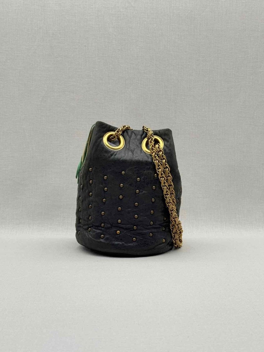 Pre - loved DELPHINE DELAFON Green & Beige Tassle Bucket Bag at Reems Closet