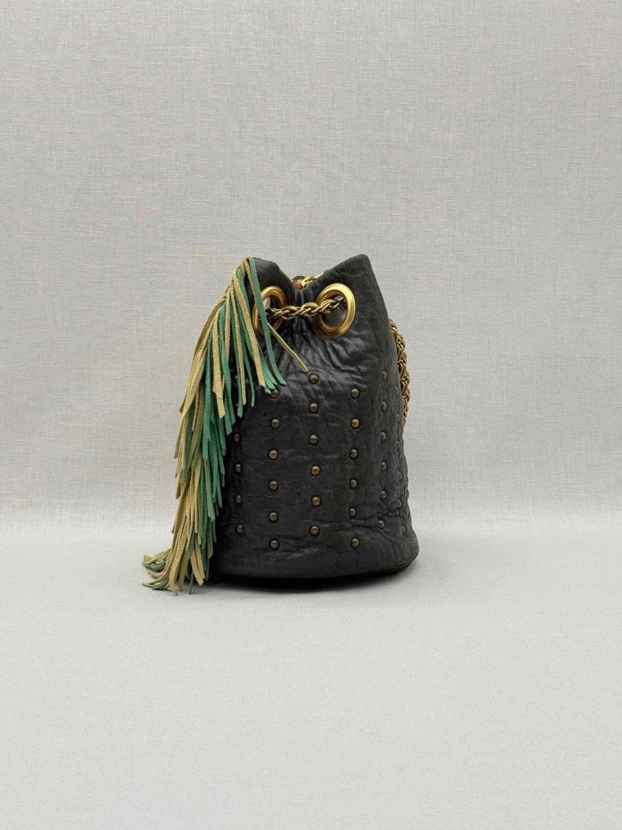 Pre - loved DELPHINE DELAFON Green & Beige Tassle Bucket Bag at Reems Closet