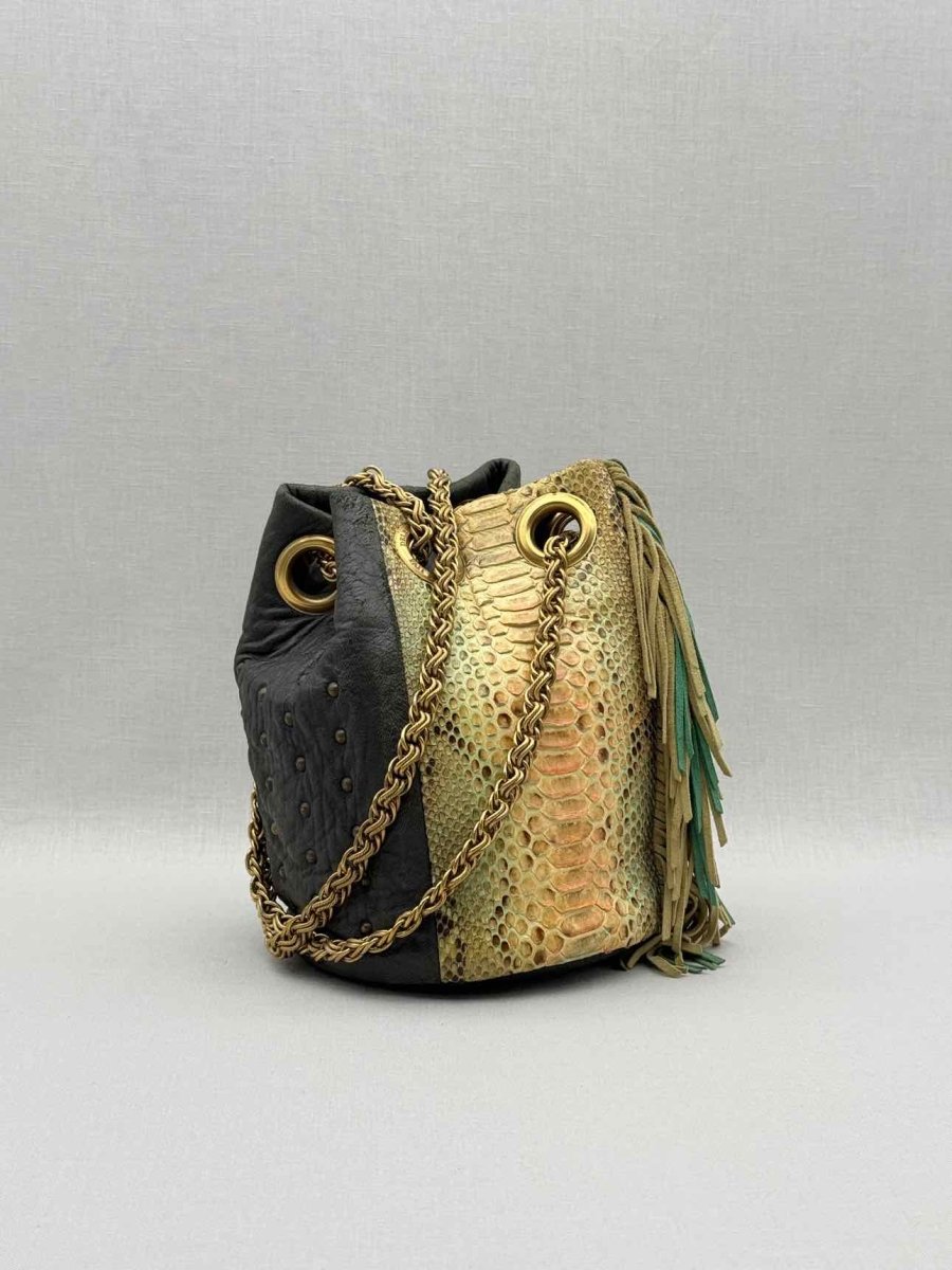 Pre - loved DELPHINE DELAFON Green & Beige Tassle Bucket Bag at Reems Closet