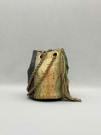 Pre - loved DELPHINE DELAFON Green & Beige Tassle Bucket Bag at Reems Closet