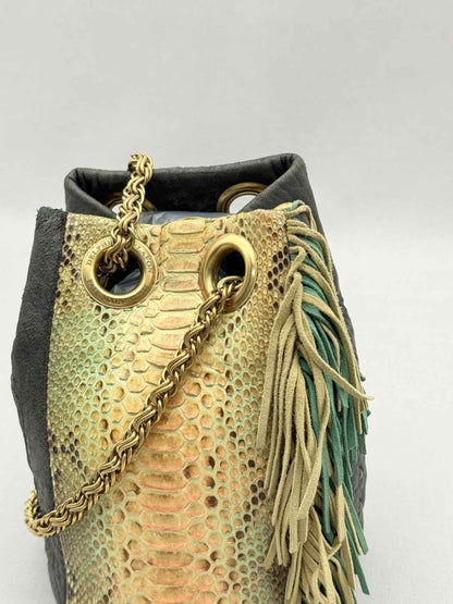 Pre - loved DELPHINE DELAFON Green & Beige Tassle Bucket Bag at Reems Closet