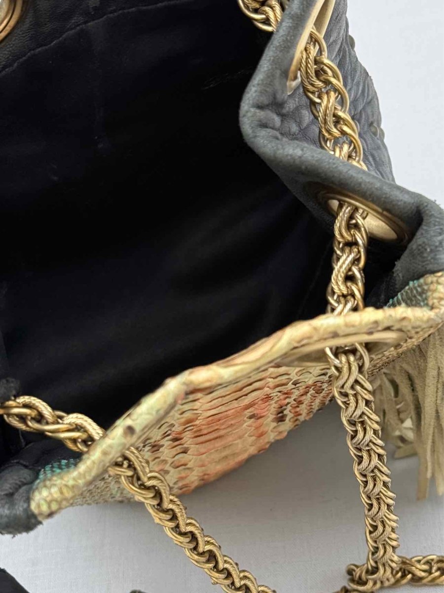 Pre - loved DELPHINE DELAFON Green & Beige Tassle Bucket Bag at Reems Closet