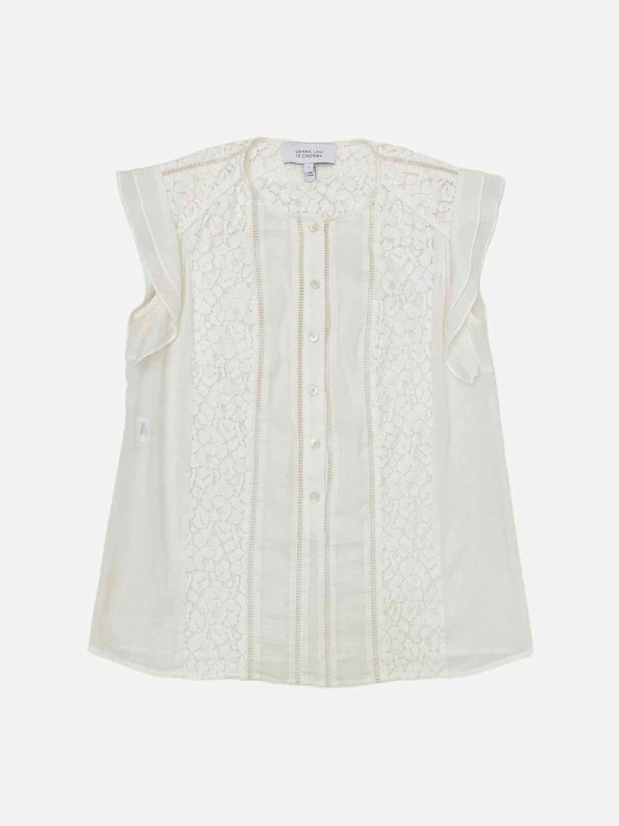 Pre-loved DEREK LAM 10 CROSBY Ruffle Sleeve White Lace Detail Top from Reems Closet