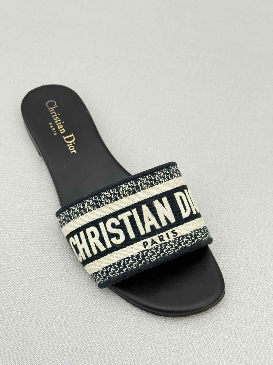 Pre - loved DIOR Dway Blue & White Embroidered Size EU 37.5 Sandals at Reems Closet