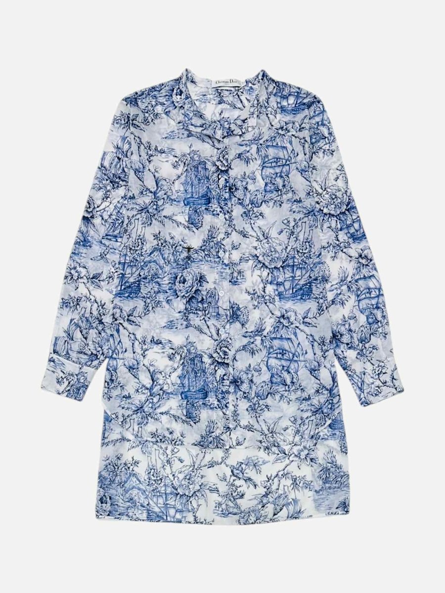 Pre - loved DIOR Mini Length White & Blue Toile De Jouy Shirt Dress at Reems Closet