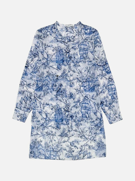 Pre - loved DIOR Mini Length White & Blue Toile De Jouy Shirt Dress at Reems Closet