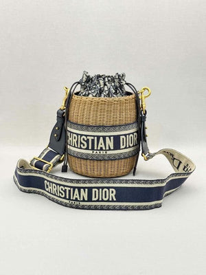Pre-loved DIOR Wicker Blue & White Oblique Bucket Bag at Reems Closet