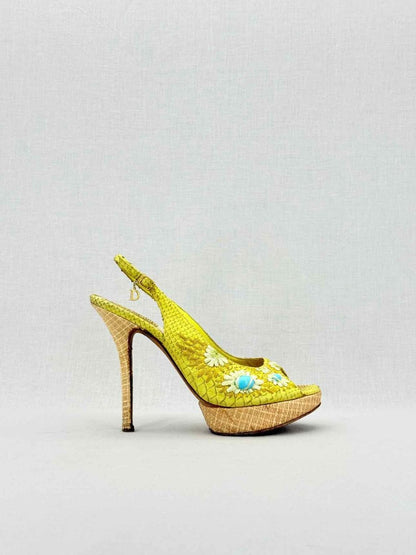 Pre - loved DIOR Yellow Snakeskin Size EU 38.5 Slingbacks at Reems Closet