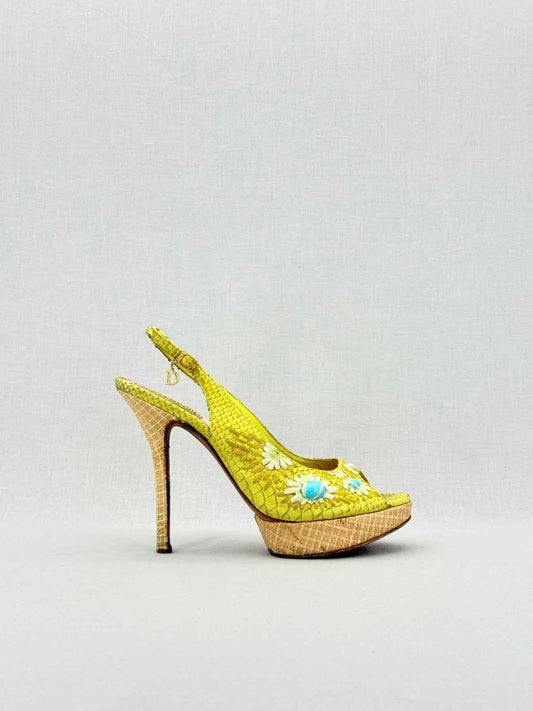 Pre - loved DIOR Yellow Snakeskin Size EU 38.5 Slingbacks at Reems Closet