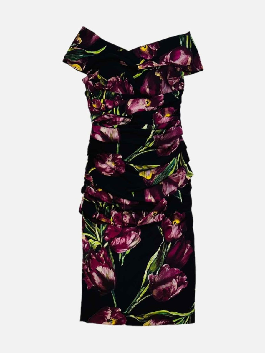 Pre - loved DOLCE & GABBANA Black Multicolor Tulip Cocktail Dress at Reems Closet